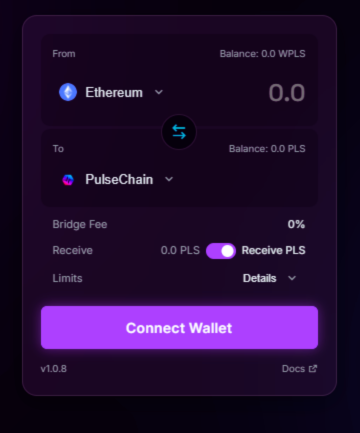 Mockup of the bridge user interface showing a transaction from Ethereum to PulseChain